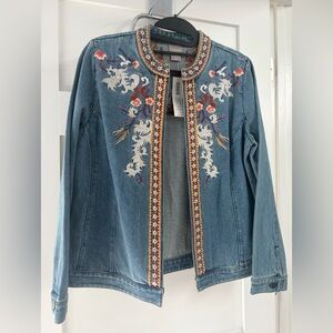Chico's Floral Embroidered Jean Jacket - Blue and Multicolor